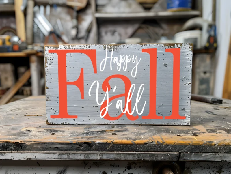 Happy Fall Y'all. Gray sign with orange and white lettering.