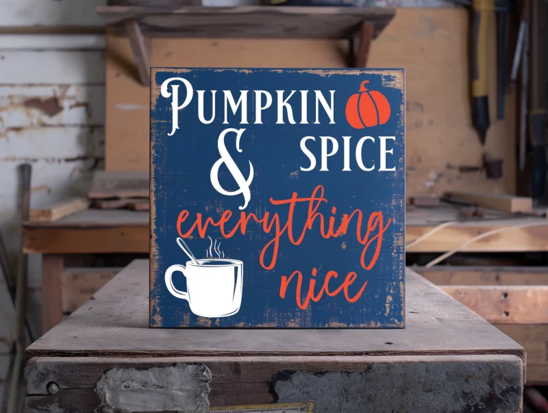 Pumpkin spice & everything nice, Blue sign with white and orange lettering.