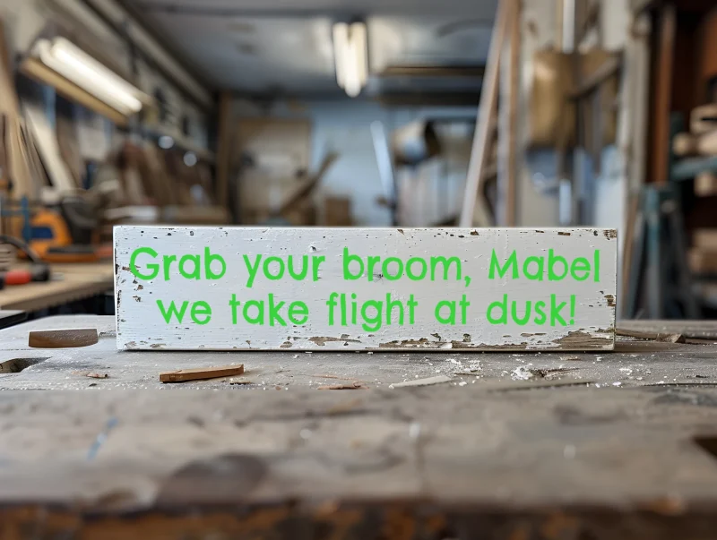 Grab your broom, Mabel – we take flight at dusk!. White sign with green lettering