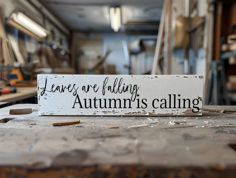 Leaves are falling, autumn is calling. White sign with black lettering.