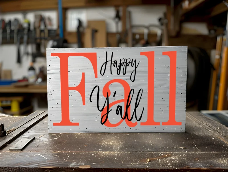 Happy Fall Y'all. White sign with orange and black lettering.