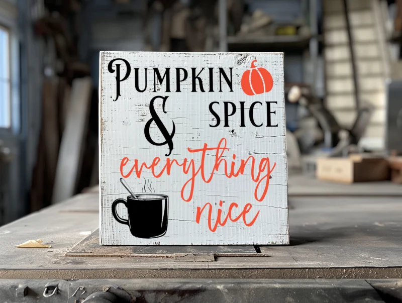 Pumpkin spice & everything nice, White sign with black and orange lettering.