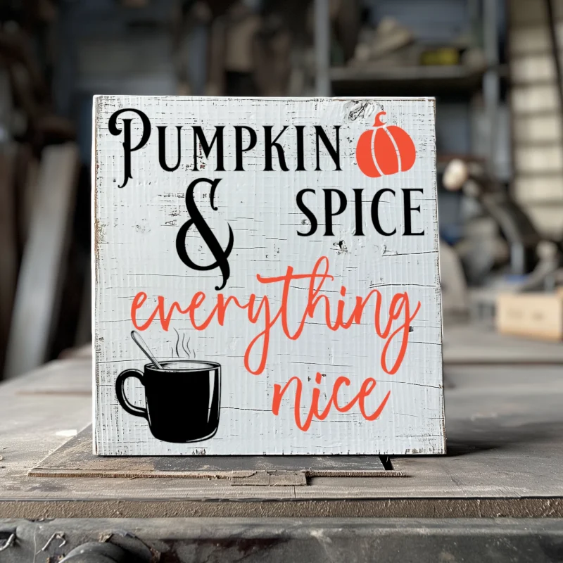 Pumpkin spice & everything nice, White sign with black and orange lettering.