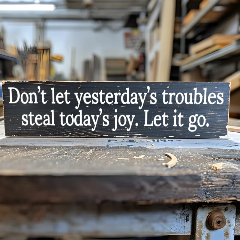 Don’t let yesterday’s troubles steal today’s joy. Let it go. Black sign with white lettering.