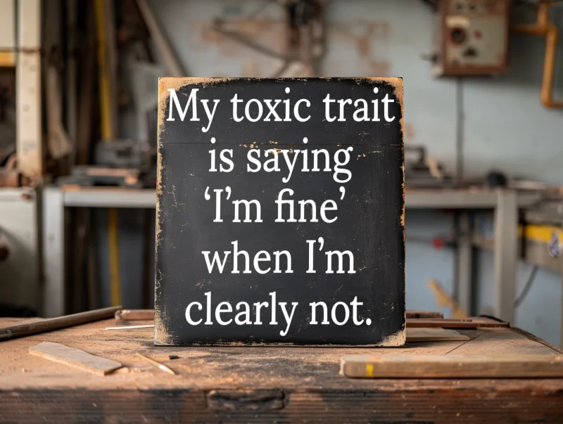 My toxic trait is saying ‘I’m fine’ when I’m clearly not. black wooden sign with white lettering.