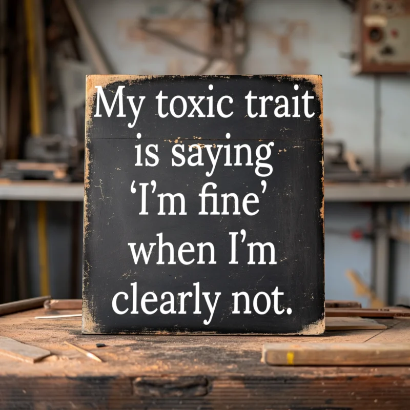 My toxic trait is saying ‘I’m fine’ when I’m clearly not. black wooden sign with white lettering.