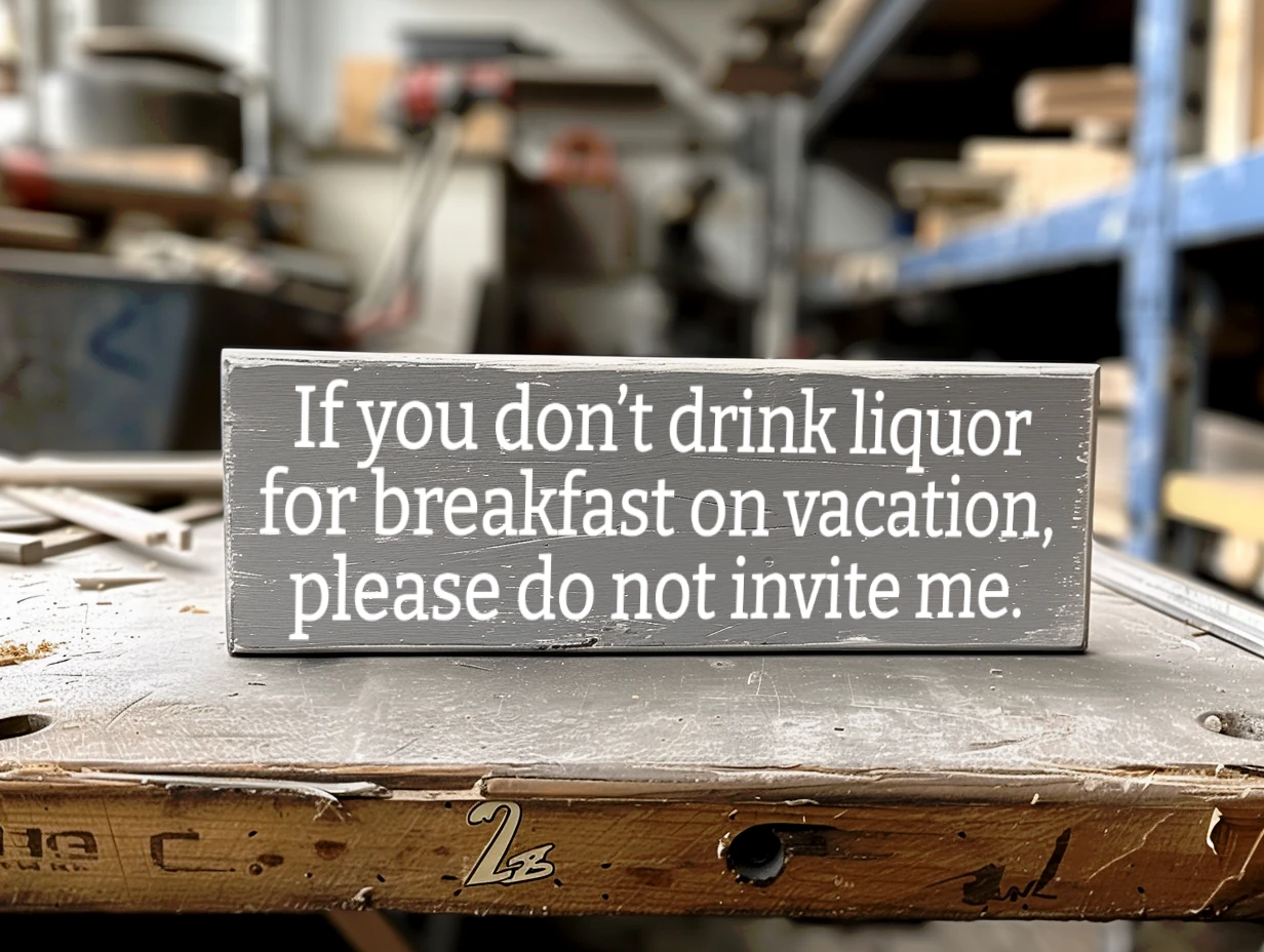 If you don’t drink liquor for breakfast on vacation please do not invite me. Gray sign with white lettering.
