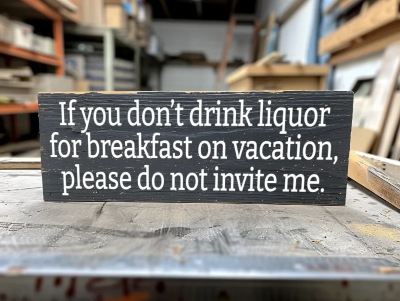 If you don’t drink liquor for breakfast on vacation please do not invite me. Black sign with white lettering.