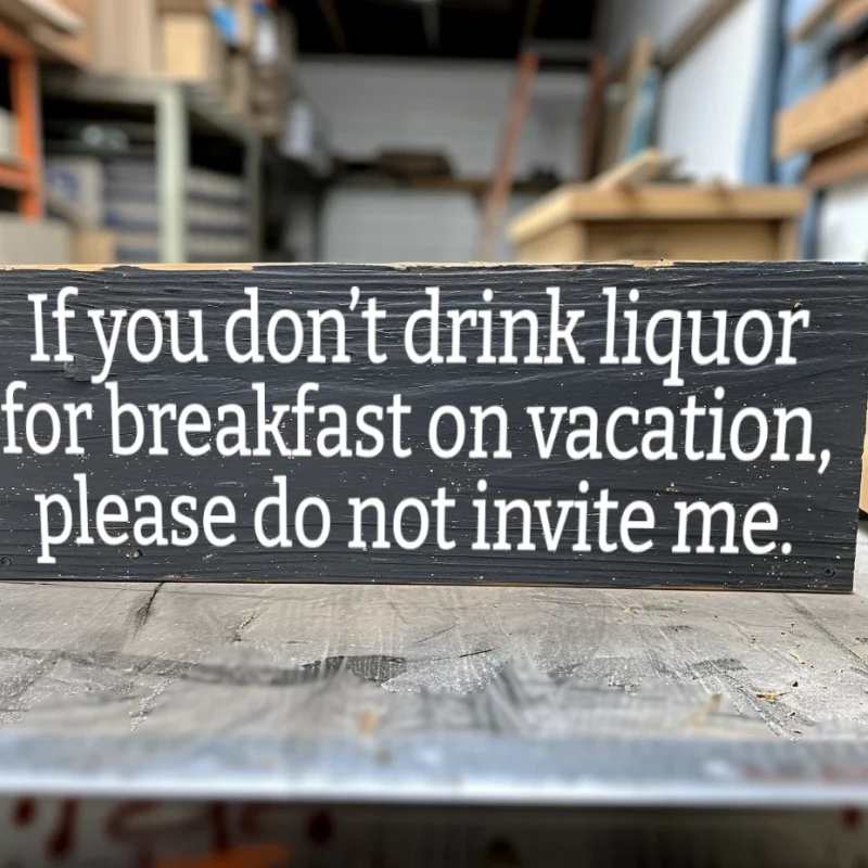 If you don’t drink liquor for breakfast on vacation please do not invite me. Black sign with white lettering.