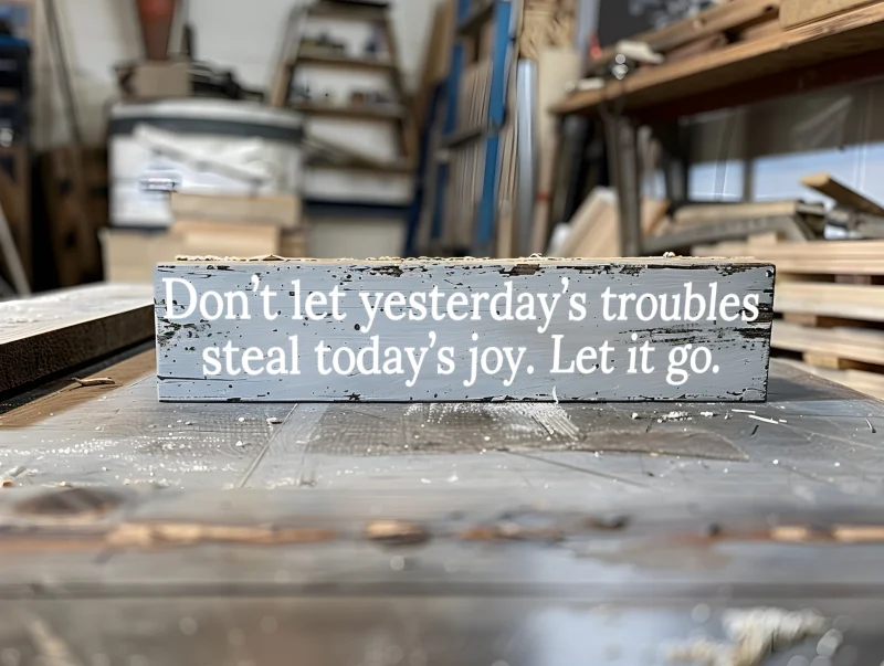 Don’t let yesterday’s troubles steal today’s joy. Let it go. Gray sign with white lettering.