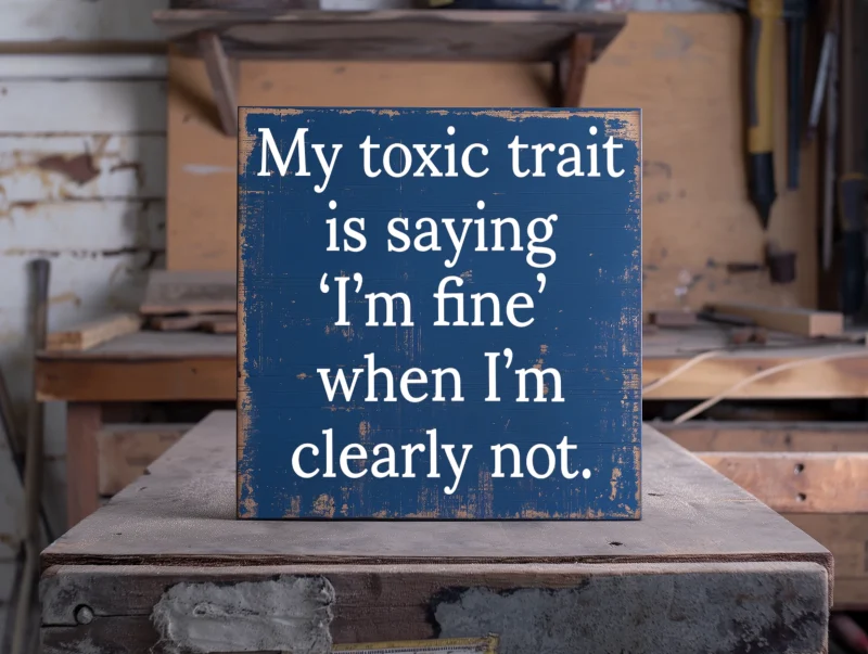 My toxic trait is saying ‘I’m fine’ when I’m clearly not. Blue wooden sign with white lettering.