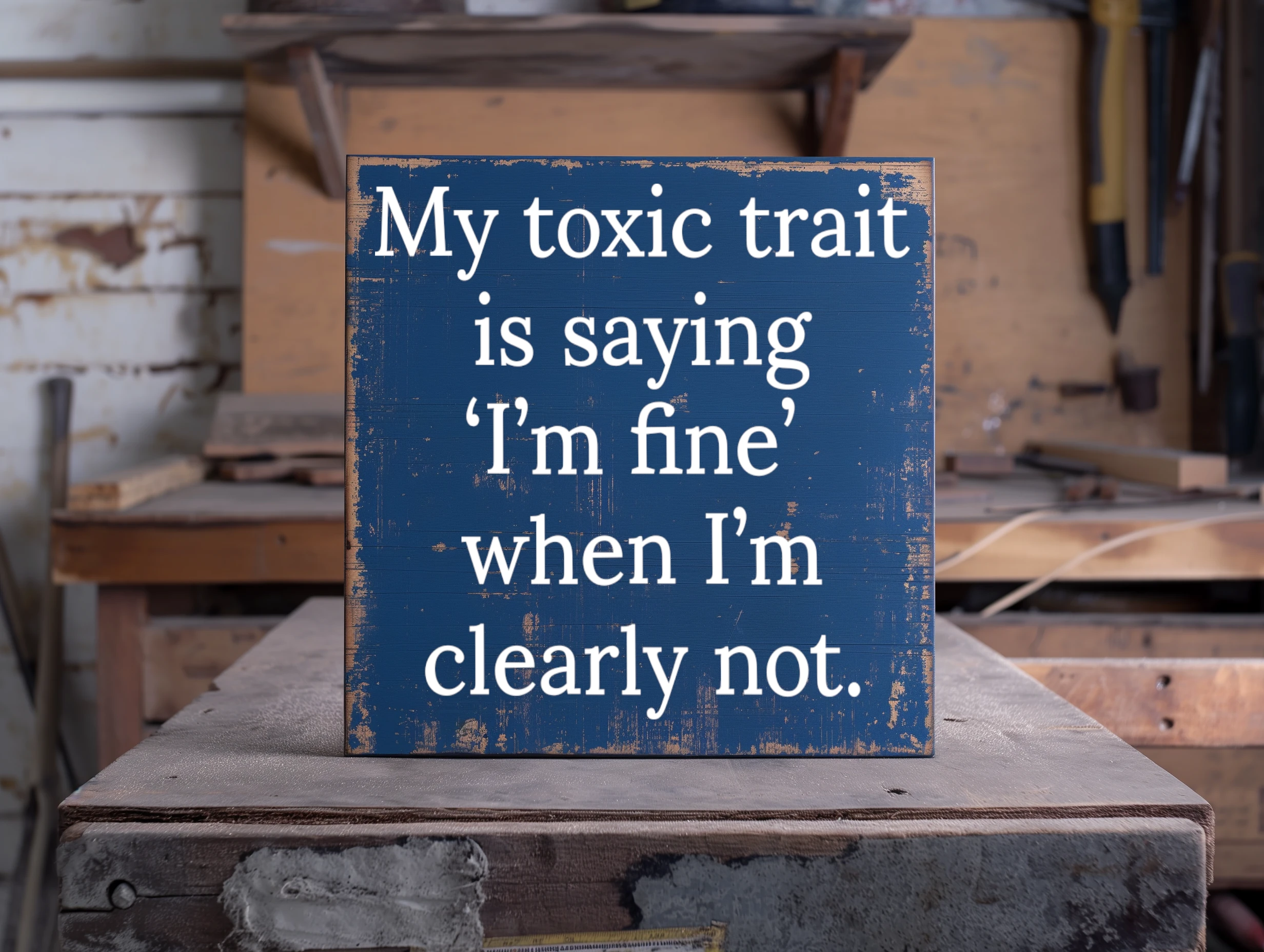 My toxic trait is saying ‘I’m fine’ when I’m clearly not. Blue wooden sign with white lettering.