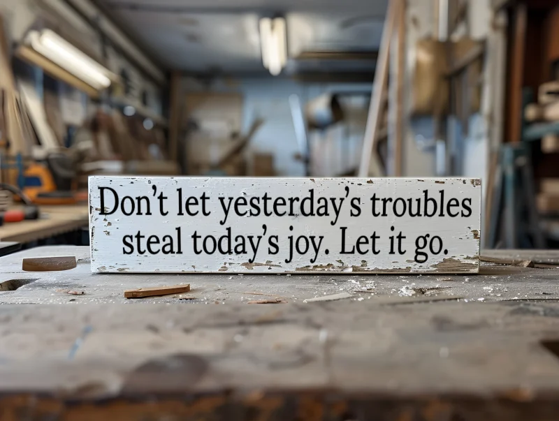 Don’t let yesterday’s troubles steal today’s joy. Let it go. White sign with black lettering.