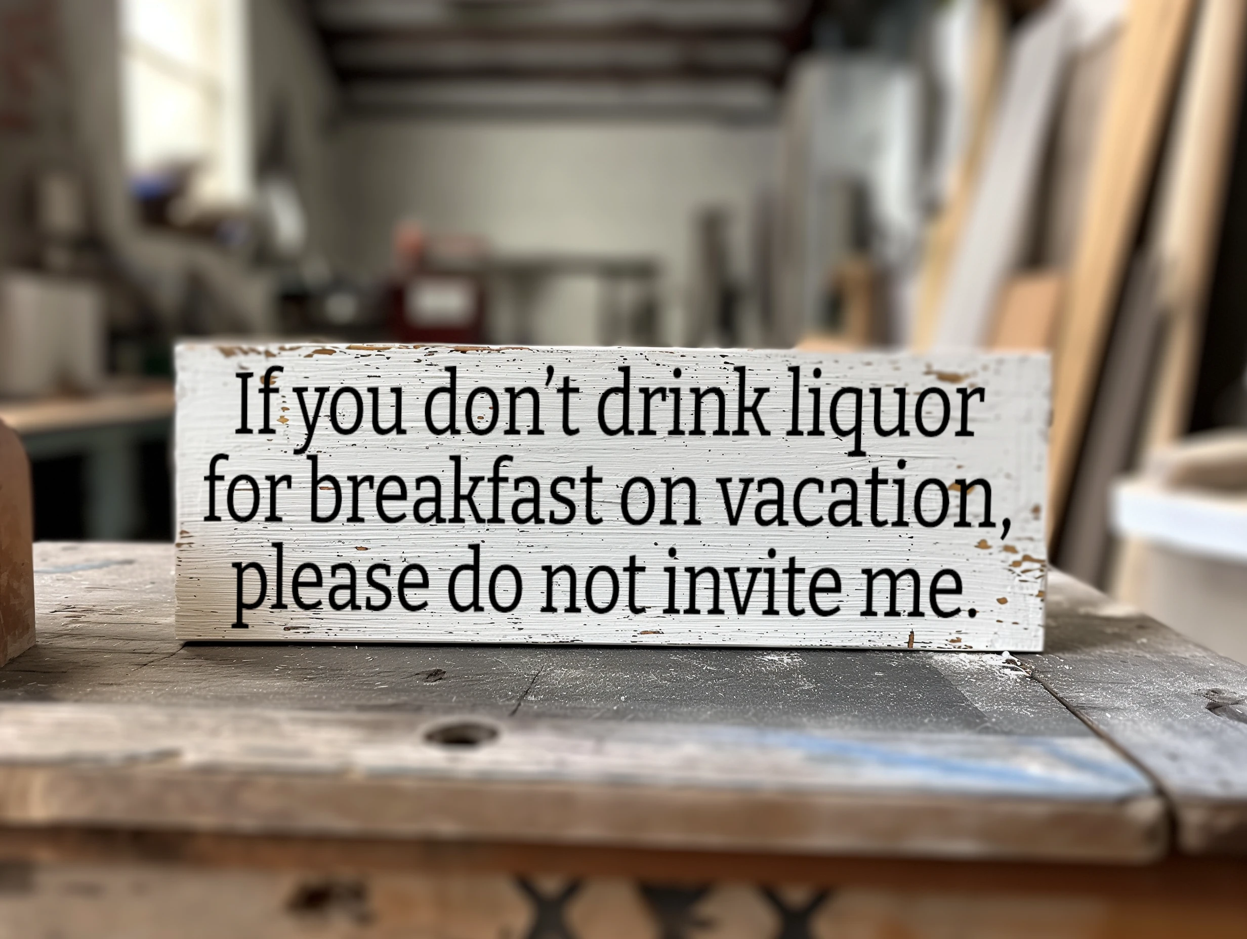 If you don’t drink liquor for breakfast on vacation please do not invite me. White sign with black lettering.
