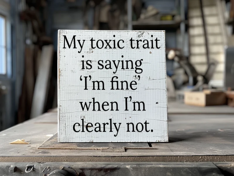 My toxic trait is saying ‘I’m fine’ when I’m clearly not. White wooden sign with black lettering.
