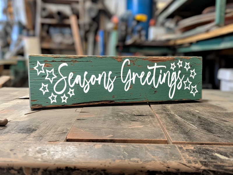 Seasons greetings. Green sign with white lettering.
