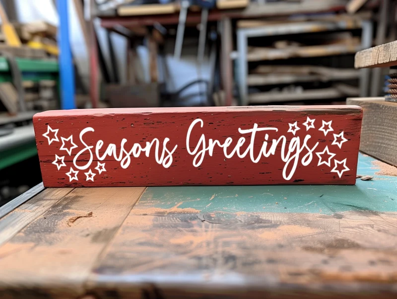 Seasons greetings. Red sign with white lettering.