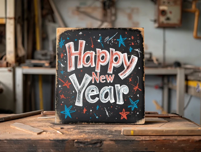 Happy New Year. Black sign with red, blue and white lettering.