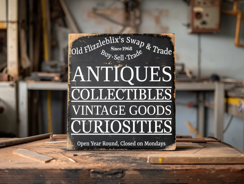 Old Flizzleblix's Swap & Trade. Buy, Sell, Trade. Since 1968. Antiques, Collectibles, Vintage Goods, curiosities. Open year round. Closed Mondays. Black sign with white lettering.