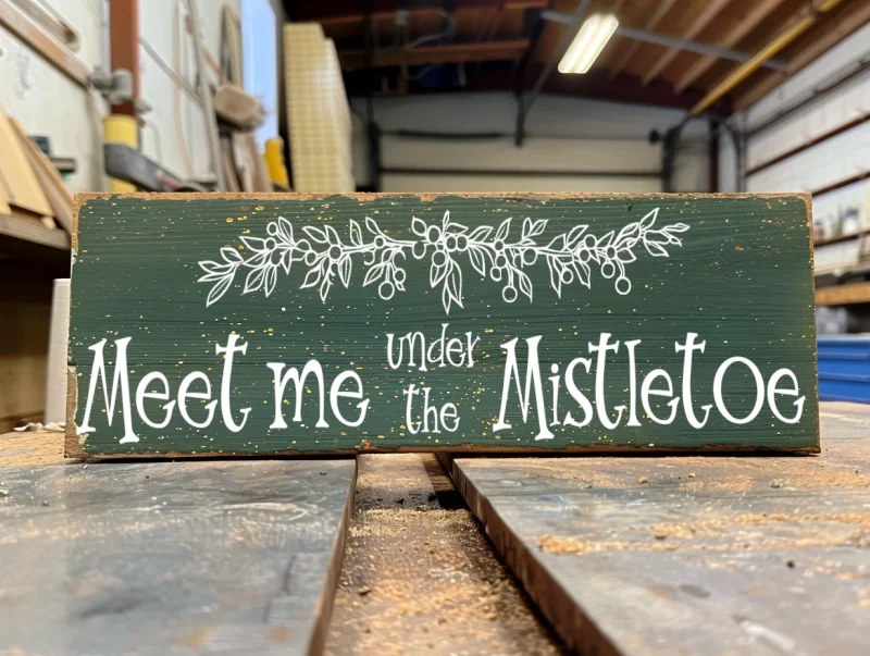 Meet me under the Mistletoe. Green sign with white lettering.