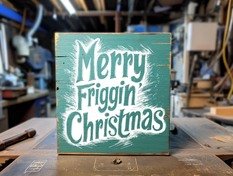 Merry Friggin' Christmas. Green sign with white outlined text..