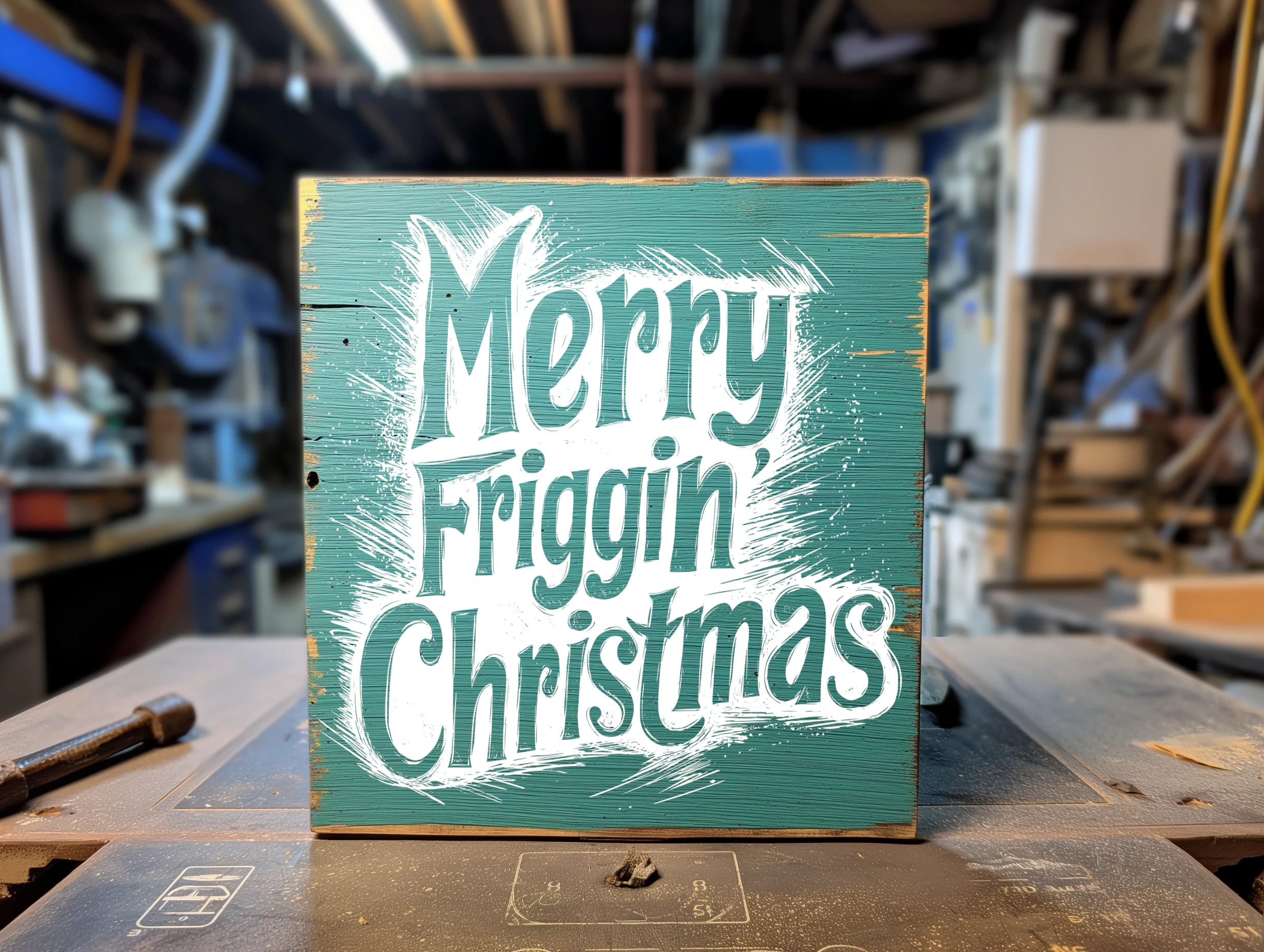 Merry Friggin' Christmas. Green sign with white outlined text..