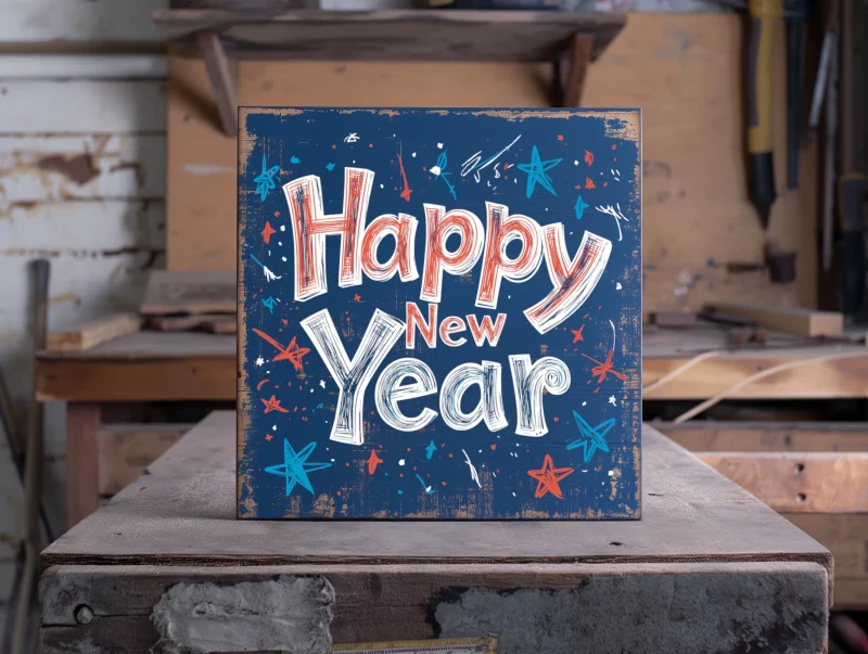 Happy New Year. Blue sign with red, blue and white lettering.