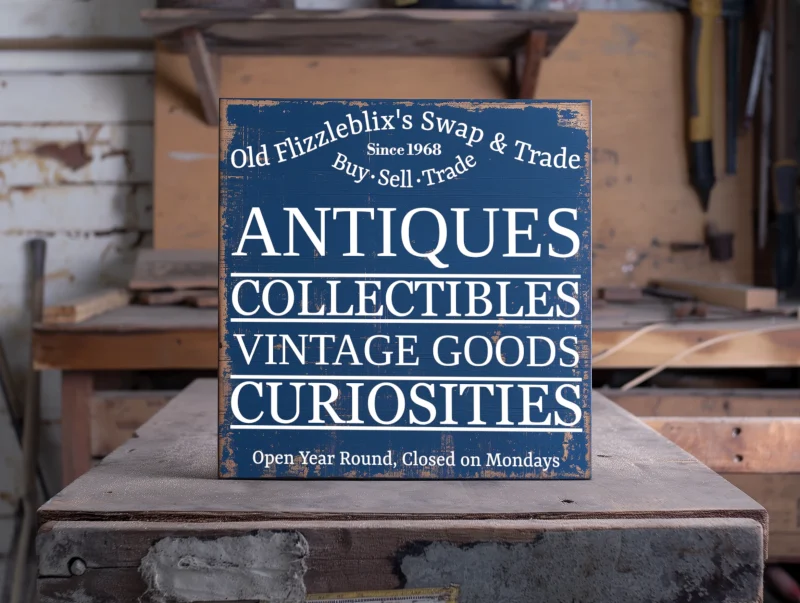 Old Flizzleblix's Swap & Trade. Buy, Sell, Trade. Since 1968. Antiques, Collectibles, Vintage Goods, curiosities. Open year round. Closed Mondays. Blue sign with white lettering.
