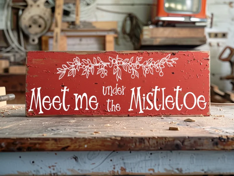 Meet me under the Mistletoe. Red sign with white lettering.