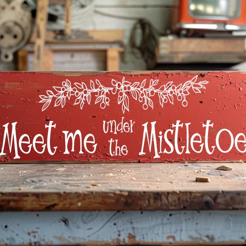 Meet me under the Mistletoe. Red sign with white lettering.