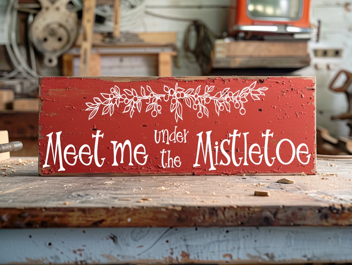 Meet me under the Mistletoe. Red sign with white lettering.