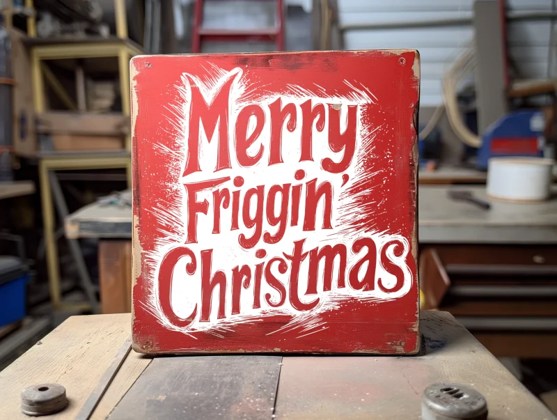 Merry Friggin' Christmas. Red sign with white outlined text..