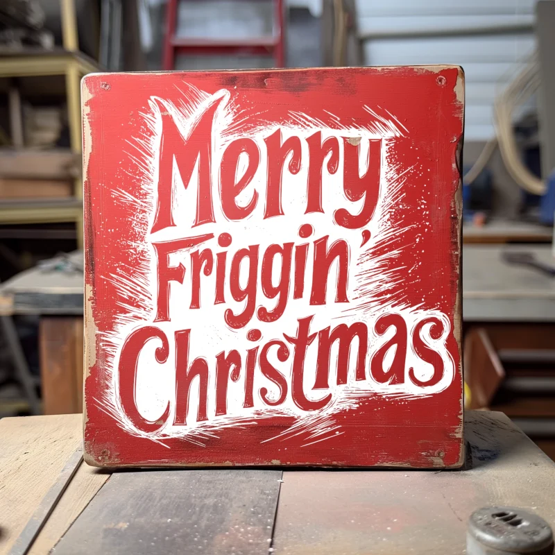 Merry Friggin' Christmas. Red sign with white outlined text..