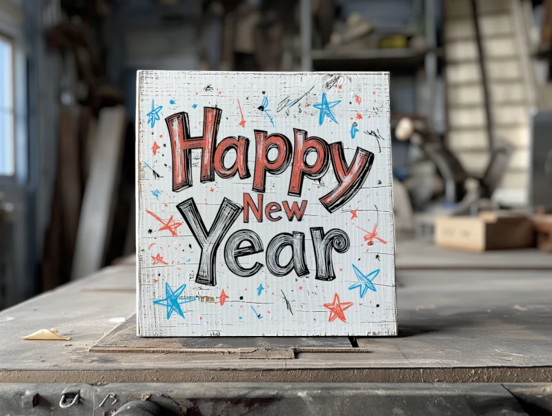 Happy New Year. White sign with red, blue and black lettering.
