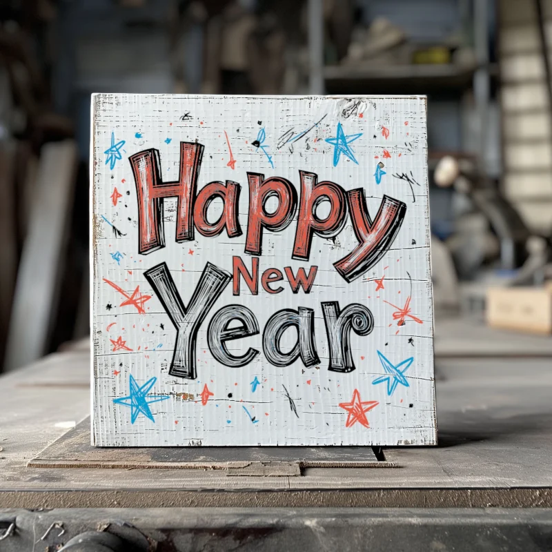 Happy New Year. White sign with red, blue and black lettering.