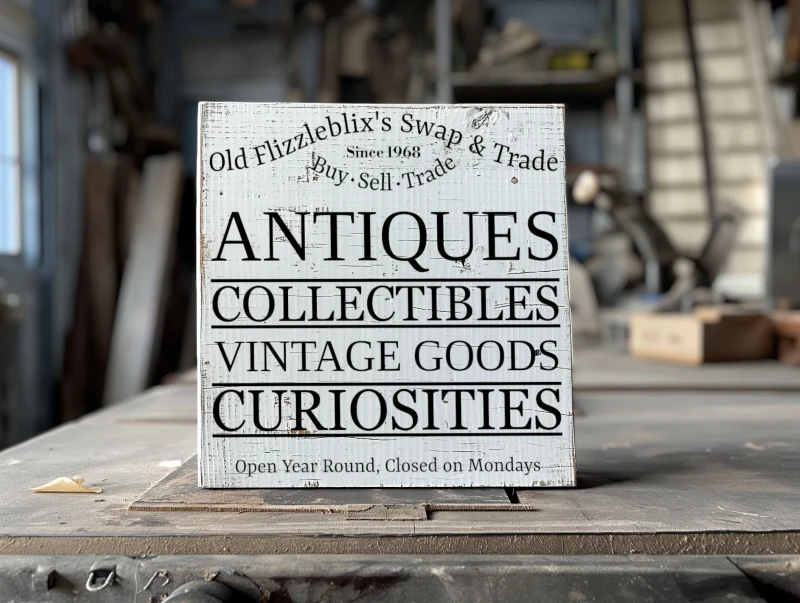 Old Flizzleblix's Swap & Trade. Buy, Sell, Trade. Since 1968. Antiques, Collectibles, Vintage Goods, curiosities. Open year round. Closed Mondays. White sign with black lettering.