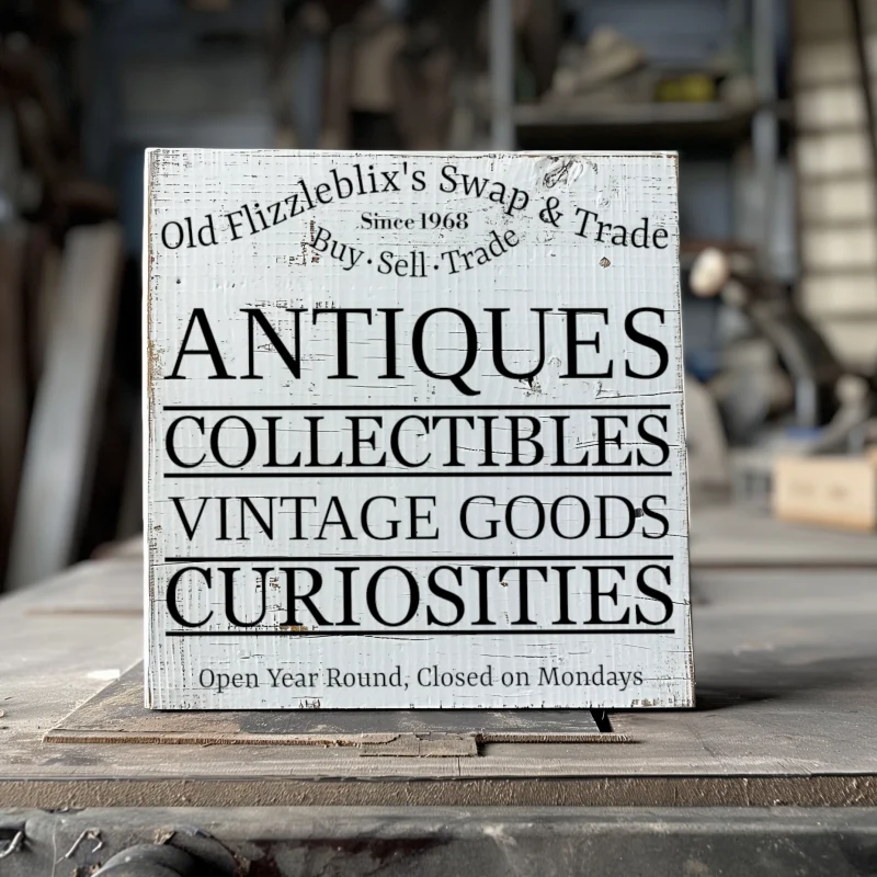 Old Flizzleblix's Swap & Trade. Buy, Sell, Trade. Since 1968. Antiques, Collectibles, Vintage Goods, curiosities. Open year round. Closed Mondays. White sign with black lettering.