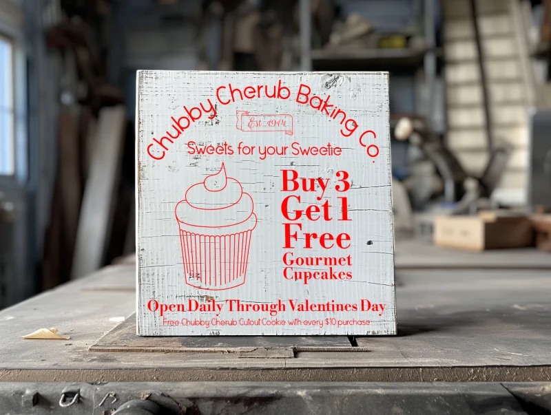 Chubby Cherub Baking Co. Sweets for your Sweetie. Gourmet Cupcakes. White sign with red lettering.