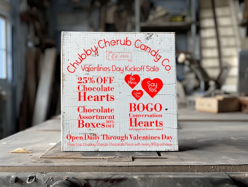 Chubby Cherub Candy Co. Sweets for your Sweetie. Candy Sale. White sign with red lettering.