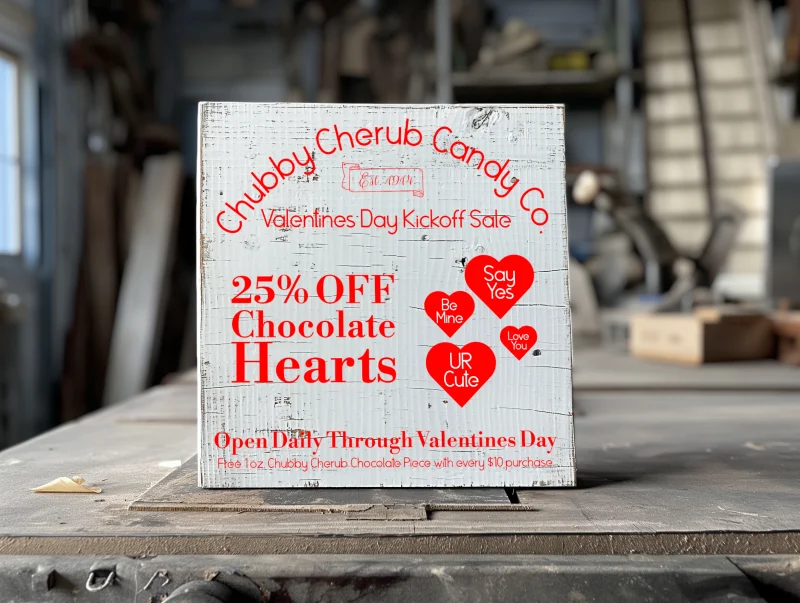 Chubby Cherub Candy Co. Sweets for your Sweetie. 25% of chocolate hearts. White sign with red lettering.