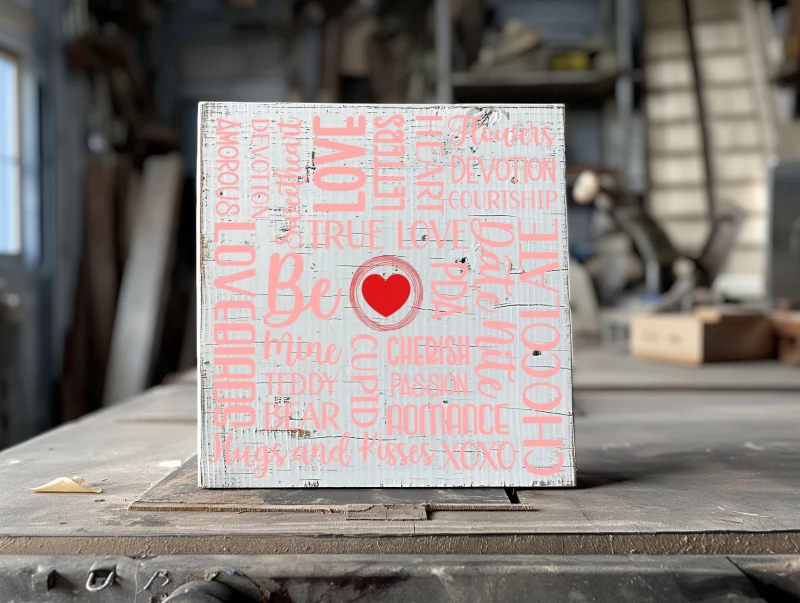Valentine's day word collage. White sign with pink lettering and a red heart.