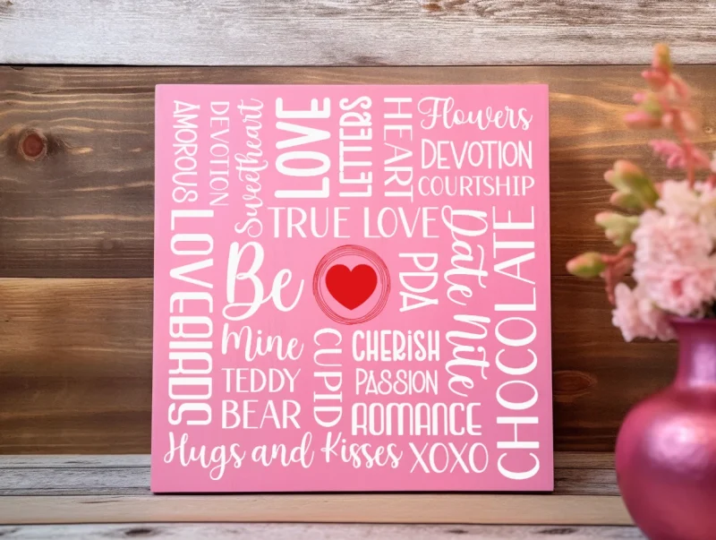 Valentine's day word collage. Pink sign with white lettering and a red heart.