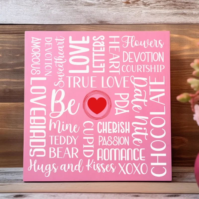 Valentine's day word collage. Pink sign with white lettering and a red heart.