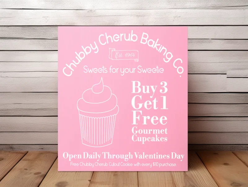 Chubby Cherub Baking Co. Sweets for your Sweetie. Gourmet Cupcakes. Pink sign with white lettering.