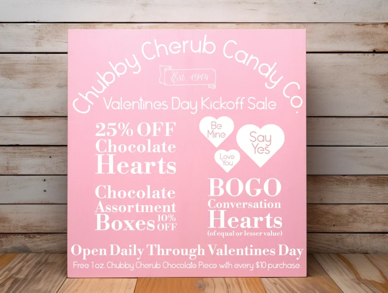Chubby Cherub Candy Co. Sweets for your Sweetie. Candy Sale. Pink sign with white lettering.