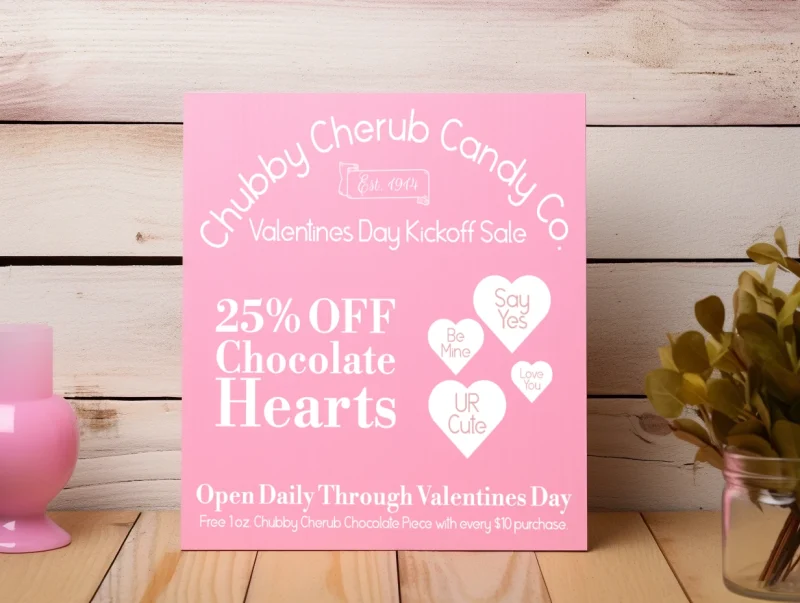 Chubby Cherub Candy Co. Sweets for your Sweetie. 25% of chocolate hearts. Pink sign with white lettering.