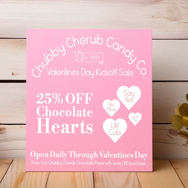 Chubby Cherub Candy Co. Sweets for your Sweetie. 25% of chocolate hearts. Pink sign with white lettering.