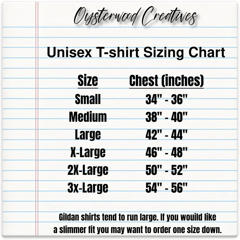 Unisex T-shirt Sizing Chart.