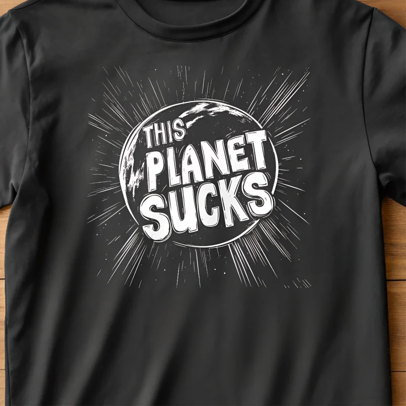 This planet sucks black lay flat t-shirt close up.