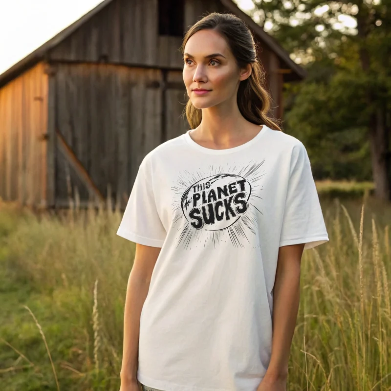 This planet sucks white t-shirt on a female model.